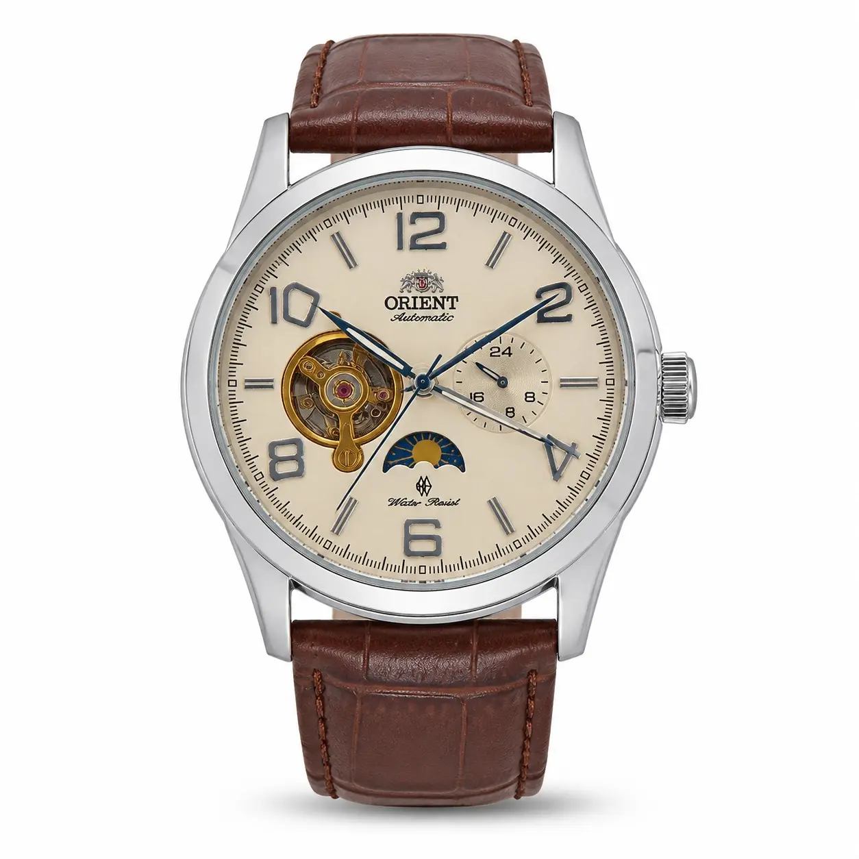 ORIENT Authentic Silver-Tone Men's 42mm Cream Moon Phase Skeleton Dial Mechanical Leather Strap Watch, Daily Water-Resistant Vintage Fashion Wristwatch, 42Mm Watch