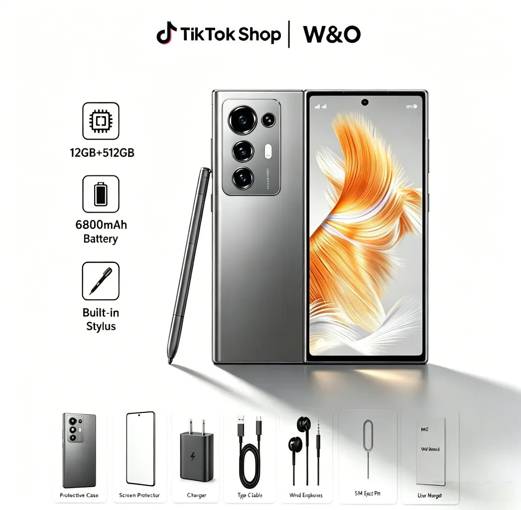 W&O Android 14 Smartphone — 12GB+512GB Huge Storage! 6.8" HD Display, 6800mAh Battery, 50MP Camera, Octa-Core, Built-in Retractable Stylus, Dual SIM, Face & Fingerprint Unlock, Metallic Body, GPS. All-in-one daily driver!