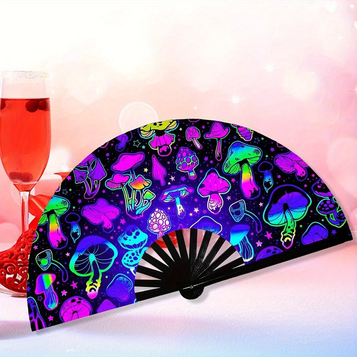 Foldable hand fan with fluorescent mushrooms/butterfly fans, handheld Chinese fan martial arts fan. It glows in the dark and has high-quality design, perfect for nightclubs, party celebrations, outdoor gatherings, summer parties and keeping cool.