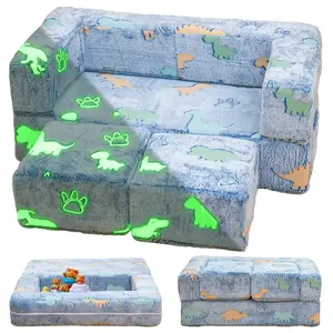 Cvortll Modular Play Couch,Glow in The Dark Play Couch Kids Couch,for kid 3+ years old 3 in 1 Toddler Foam Couch,Convertible Fold Out Play Foam and Floor Cushion for Bedroom and Playroom Cloud Nursery