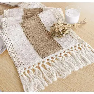 Cream & Brown Boho Macrame Table Runner 90 Inches with Tassels for Christmas Thanksgiving Home Decor, 12x90 Inch Farmhouse Runner for Dining Table Bedroom Baby Bridal Shower Party Decoration