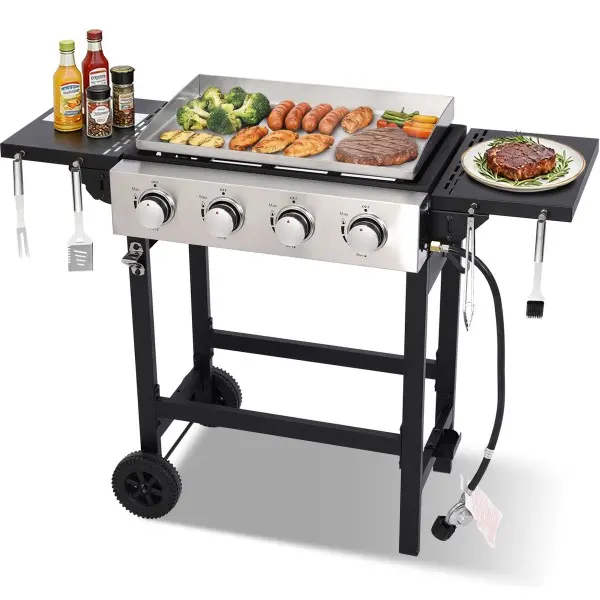 Propane Gas Griddle 4-Burner, Flat Top Grill Griddle, Outdoor Gas Stove with Foldable Side Tables, Wheels - 40,000 BTUs Output, 291 sq.in Cooking Area, for Patio Barbecue, Backyard, BBQ