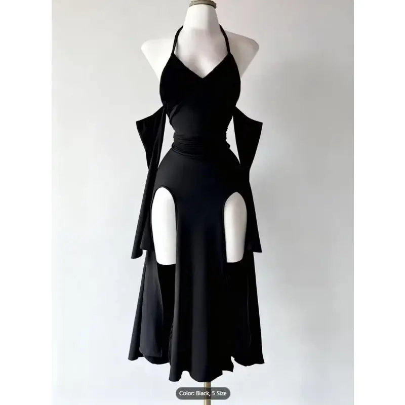 Dark Gothic Style Halter Neck Dress High Slit Cutout Gothic Dress