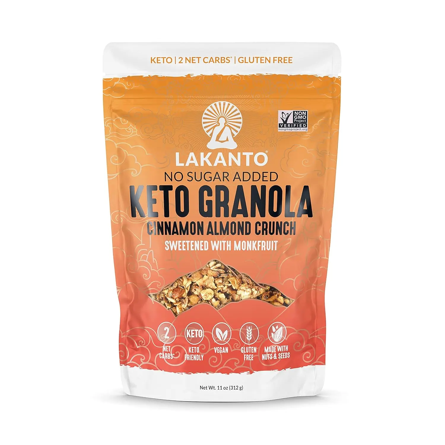 Lakanto Cinnamon Almond Crunch Granola - Delicious Snack, Quick Breakfast Cereal, Keto Friendly, Monk Fruit Sweetener, No Sugar Added, Vegan, Gluten Free, Grain Free, Low Net Carbs (11 Oz)