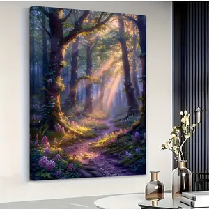 Magical Forest Canvas Painting - Large Size Wall Art with Solid Wood Frame (16x24 or 24x36inch ) - Bohemian Vintage Enchanting Forest Scene - Green Trees and Purple Leaves - Ready-to-Hang Natural Theme Decoration for Living Room, 2D Flat