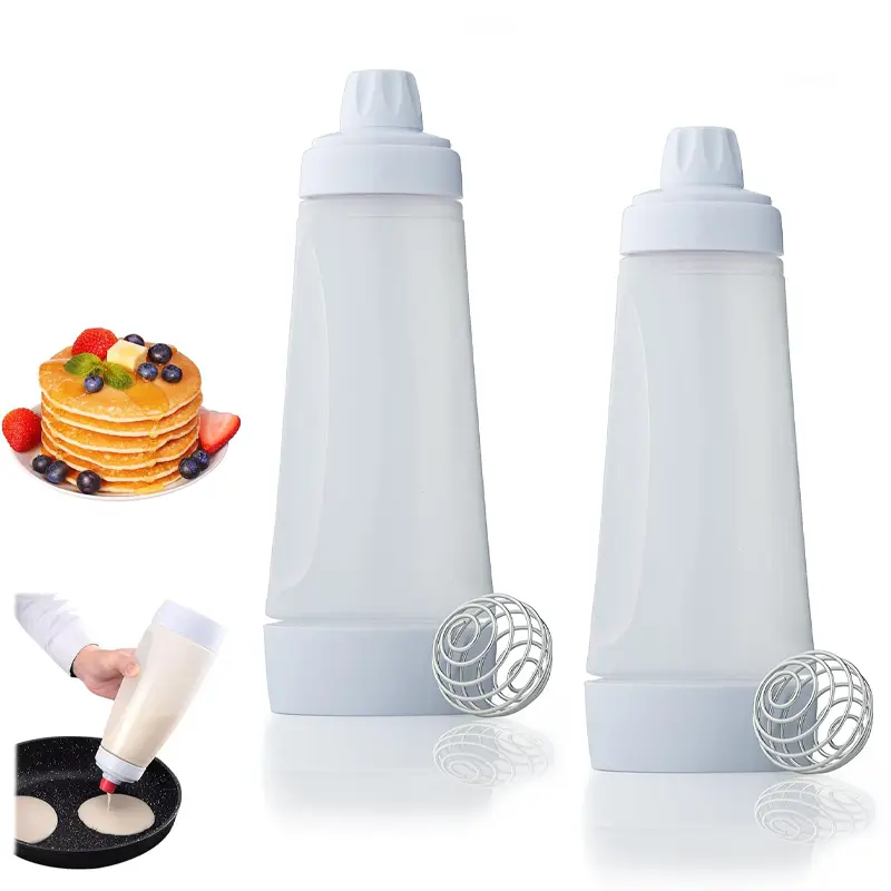 2 Pack Pancake Batter Shaker Bottle Pancake Batter Dispenser Bottle with Whisk Ball Batter Mixer for Cupcakes Muffins Crepes Waffle