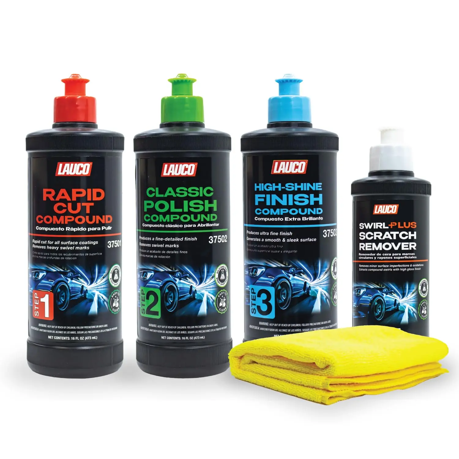 Lauco 3-Step Detailing Kit for Car Owners - 16 oz Cut & Polish Compound, Silicone-Free Clear-Coat Safe Swirl Corrector, Gloss Refinement Finisher, Towel for Body Shops & Home Enthusiasts