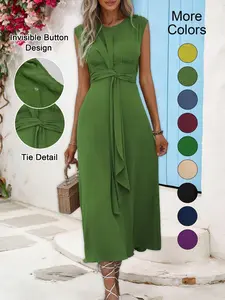 Women's Plain Sleeveless Round Neck Textured Slimming Fit Womenswear Dress, Dark Buckle Design, Waist Belt Integrated, Casual Commute Elegant Style