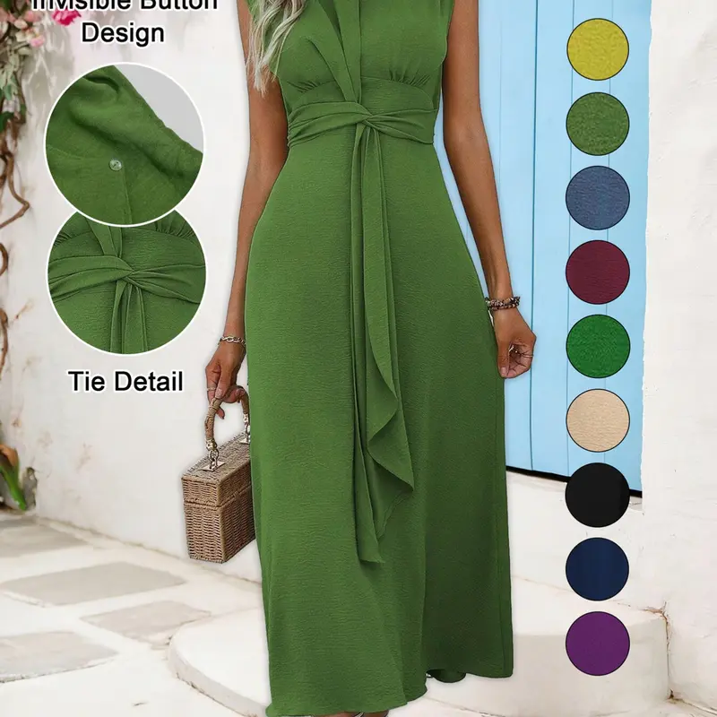 Women's Plain Sleeveless Round Neck Textured Slimming Dress, Belted Button Dress, Casual Wear, Dark Buckle Design, Waist Belt Integrated, Casual Commute Elegant Style