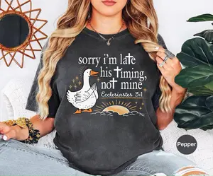 Christian Shirt, Sorry I'm Late His Timing Not Mine, Bible Verse Ecclesiastes 3:1 Tee, Faith Based Religious Gift for Women