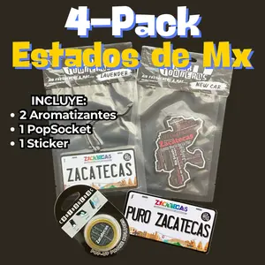 4 Pack ZACATECAS Estados de Mexico | 2 Aromarizante, 1 Die Cut Sticker, 1 Sujetador tipo PopSocket | Mexican Products