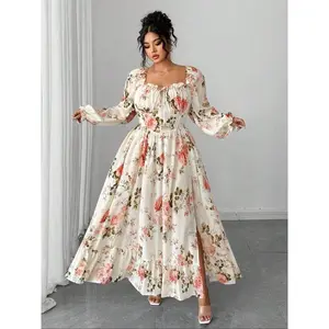 Plus-size women’s dress, suitable for a casual summer style, made from woven floral-print fabric, medium thickness, suitable for everyday wear, long-sleeved maxi bohemian style with a rolled hem, basic design, spring — women’s clothing GARMENTARY