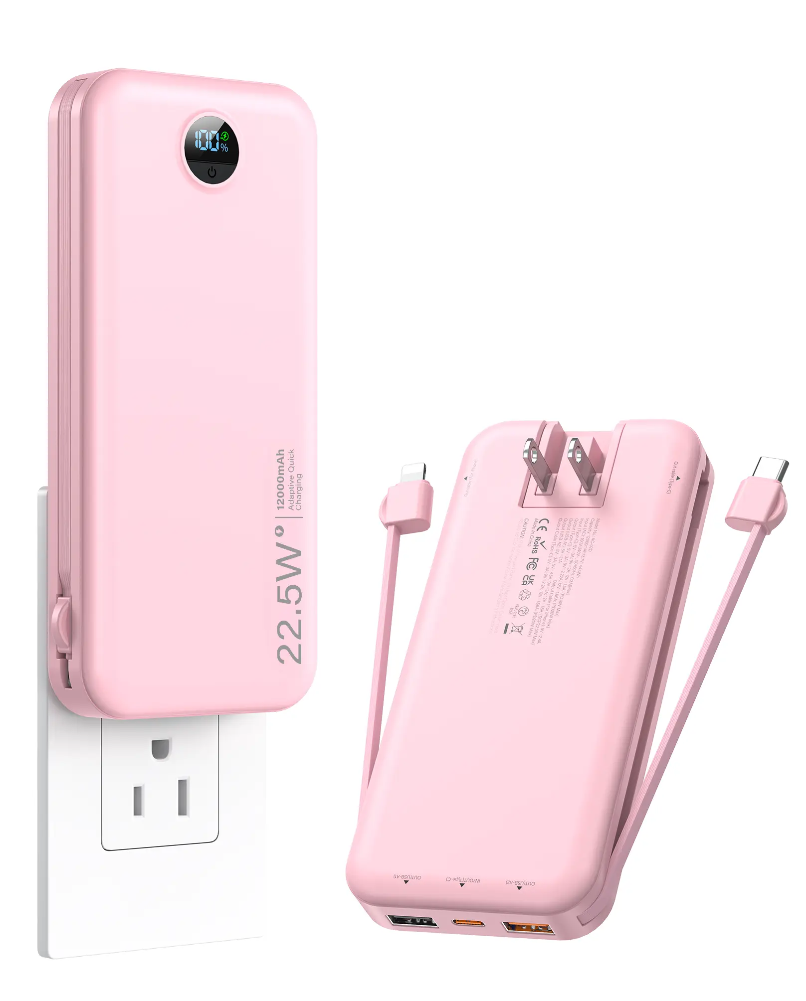 12000mAh Multifunctional Portable Charger (Rechargeable Battery), Built-in AC Wall Charger & Dual Charging Cables, LED Display, 5 Outputs, 2 Inputs, PD20W Fast Charging for Phones, iPhone, Galaxy, Digital Accessories (Father's Day Gift)
