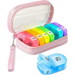 Cute Pill Organizer 2 Times a Day, PU Leather Pill Case for Women, Portable Weekly Pill Box for Purse with Storage Bag to Hold Vitamins/Medications/Fish Oils/Supplements, Pink