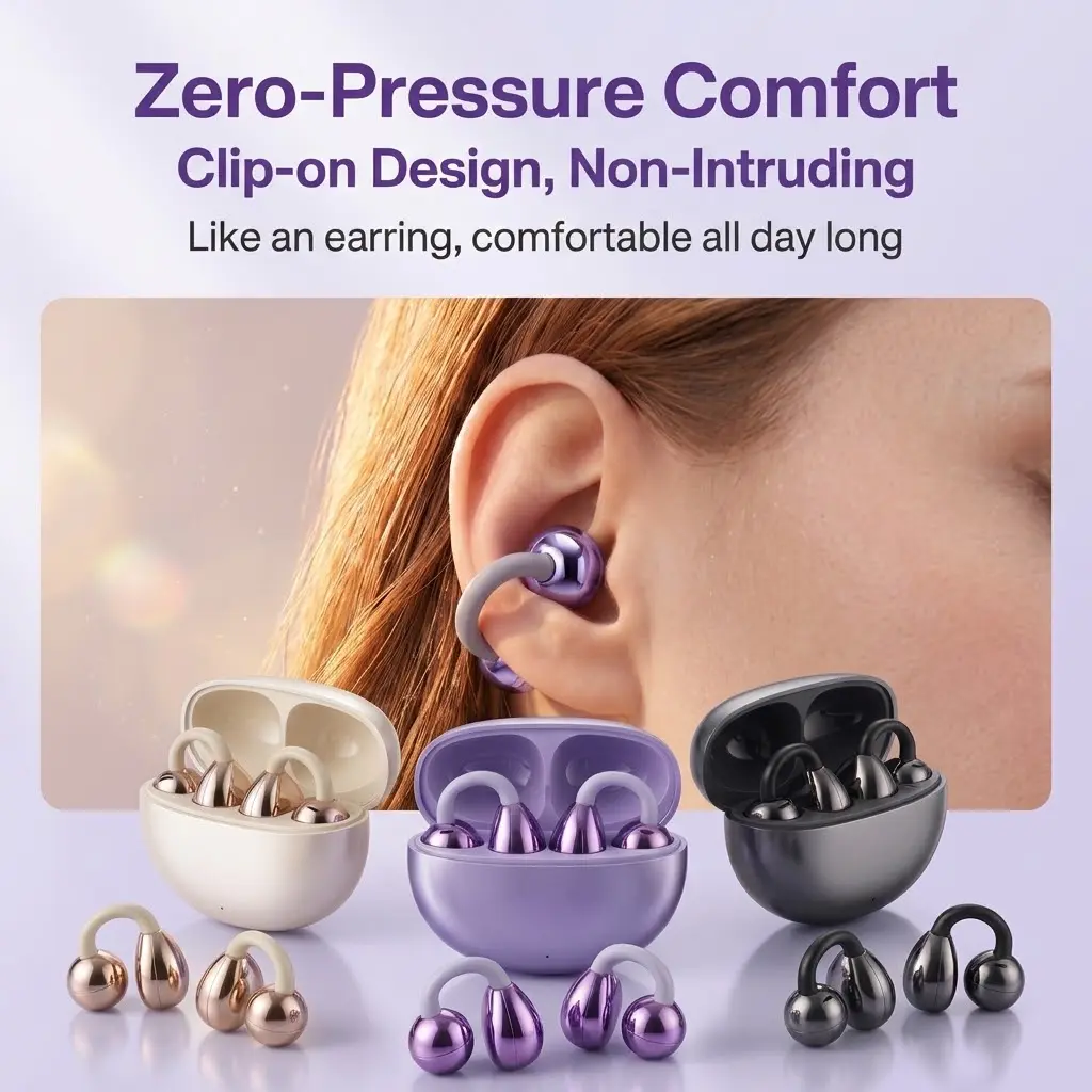 Open Ear Clip-On Wireless Headphones Bluetooth 5.4 - Stylish Earbuds with Mic, 36H Playtime, Waterproof Sports Use, Noise Isolation Solutions, Everyday Earbuds, Ideal Gift for Women,techvibes