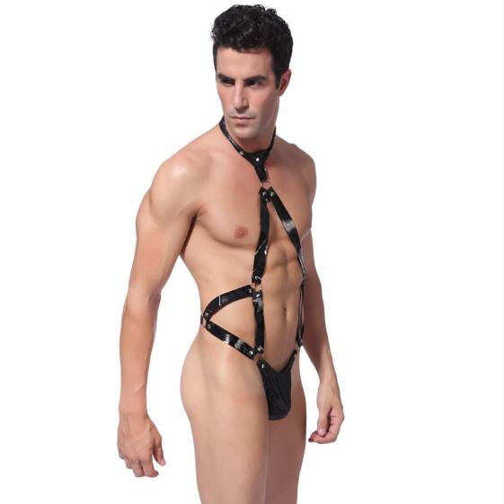 Illussy Men’s Glossy Faux Leather Vest & Shorts Outfit – Adjustable Strap Design, Performance Costume for Stage, Music Festivals, and Creative Fashion Styling