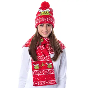 Dr. Seuss GRINCH Who Stole Christmas Knit Scarf & Pom Beanie Set