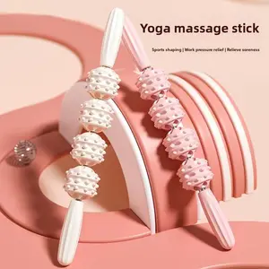 Massage Stick Mace Stick Roller Fitness Fascia Stick Leg Muscle Relaxation Roller Calf Yoga Stretching Smooth Body Care Gentle Handle Coral Powder [Five Balls]