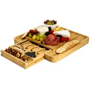 MegaChef Bamboo Charcuterie Cheese Board with Slide Out Drawer Cheese Utensils Bottle Opener & 3 Piece Mini Chalkboard Set Eco Friendly Durable Serving Solution