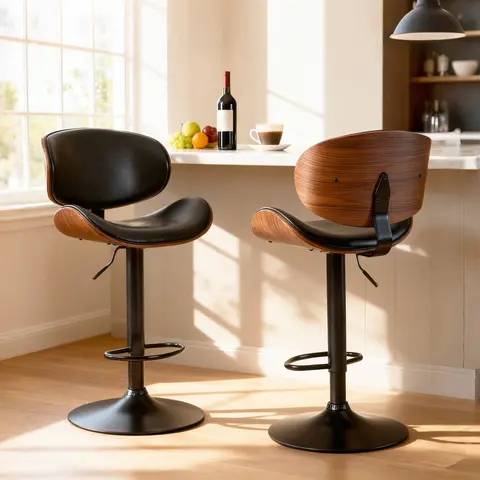 Sweetcrispy Adjustable Swivel Bentwood Bar Stools Set of 2, Modern PU Leather Upholstered Counter Stools with Backrest, Footrest (Eases Leg Pressure), Rubber Ring Base (Stays Put) & Height Range, Indoor Home Kitchen Furniture Swivel Chairs