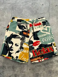 Men's Retro Pop Art Collage Print Shorts, Streetwear Elastic Waist Drawstring Summer Shorts, Y2K Vintage "Relax" & Portrait Graphic Aesthetic, Versatile Casual Streetwear Bottoms for Men