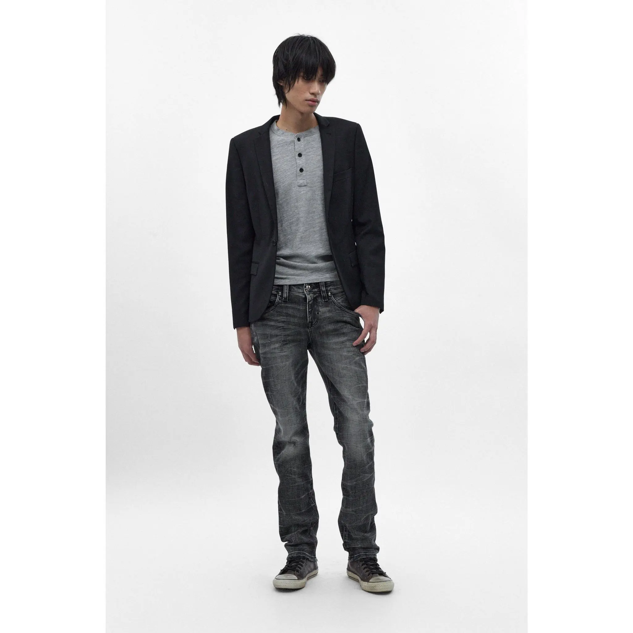 Rock Revival Gene Slim Jeans in Charcoal Black, Embroidery, Cotton