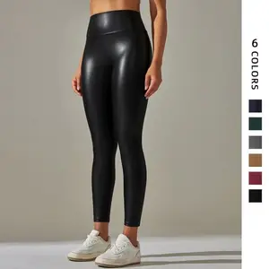 Black leather leggings for women, high-waisted, sexy, tight, thick elastic—women’s bottoms