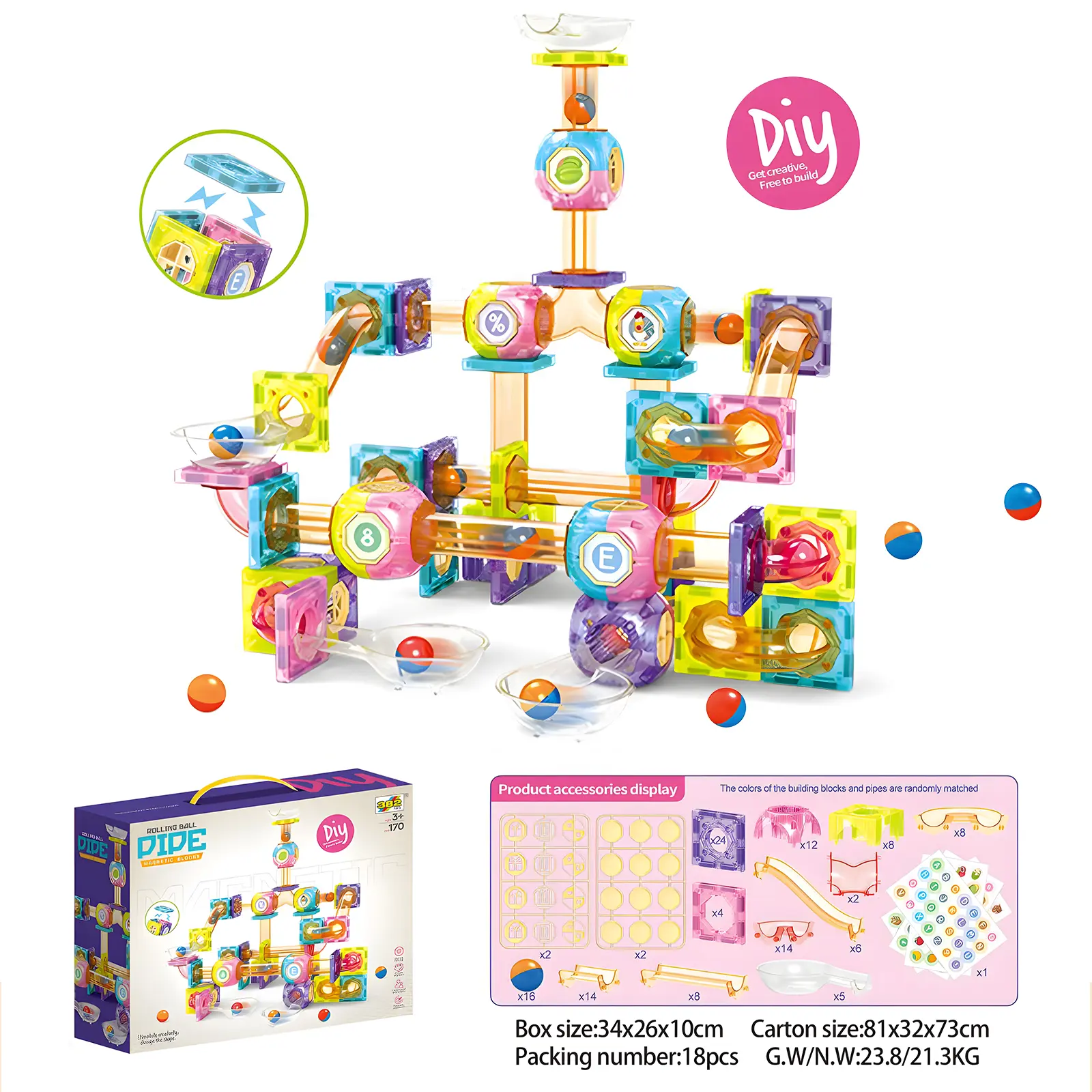 ASAPE 170-Piece DIY Plastic Magnetic Tiles Marble Run Set, STEM Educational Construction Building Blocks Toy for 3-4 Years+, Indoor Stress Relief Magnet Game, Gifts for Boys & Girls