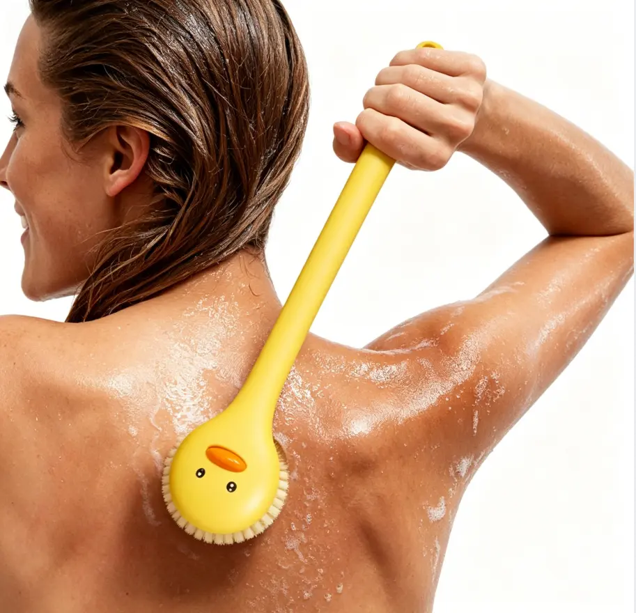 Long Handle Shower Back Brush Soft Bristle Plastic Bathing Scrubber for Gentle Body Cleaning and Massage Comfortable Bath Brush with Cute Design for Men Women Elderly