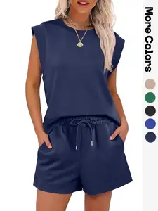 Women's Solid Curved Hem Tee & Drawstring Waist Shorts Set, Casual Cap Sleeve T-Shirt & Pocket Shorts, Ladies Sleepwear for Summer Loungewear