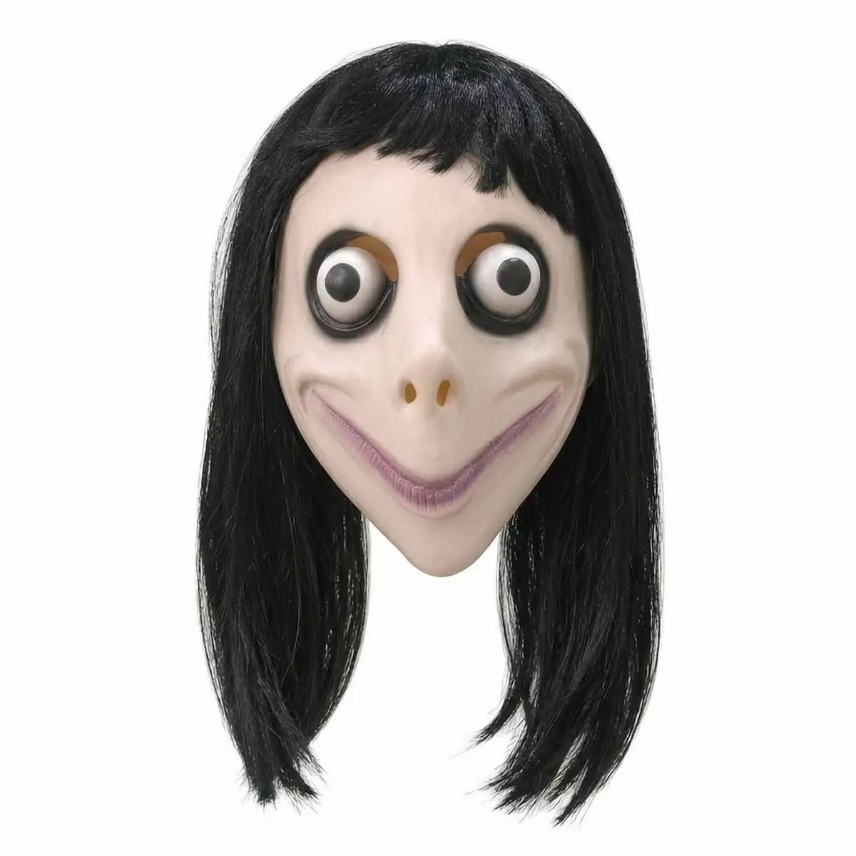 Momo Horror Latex Mask - Comfortable, Lightweight Halloween Prop with Realistic Big Eyes, Eerie Smile, Attached Long Hair for Horror Enthusiasts, Theme Party Costumes & Accessories, Circle