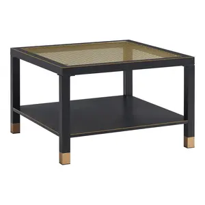 Modern Glass Coffee Table with Gold Mesh Top, Square Tempered Glass Center Table, Black Metal Frame Living Room Table, Industrial Luxury Accent Table