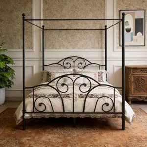 Full/QueenSize Four-Poster Metal Canopy Bed Frame, With Headboard And Footboard, Sturdy Slatted Structure, No Box Spring Needed, Durable Metal Construction, Modern Style Bed Frame for Bedroom