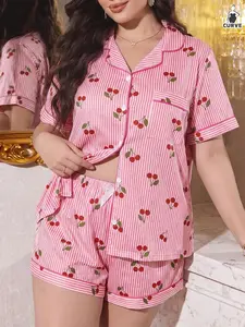Plus Size Women's Bubble Wrinkle Sleepwear Set, Striped Cherry Print, Short Sleeve Shorts, Open Front Pajama Set, Wearable at Home
