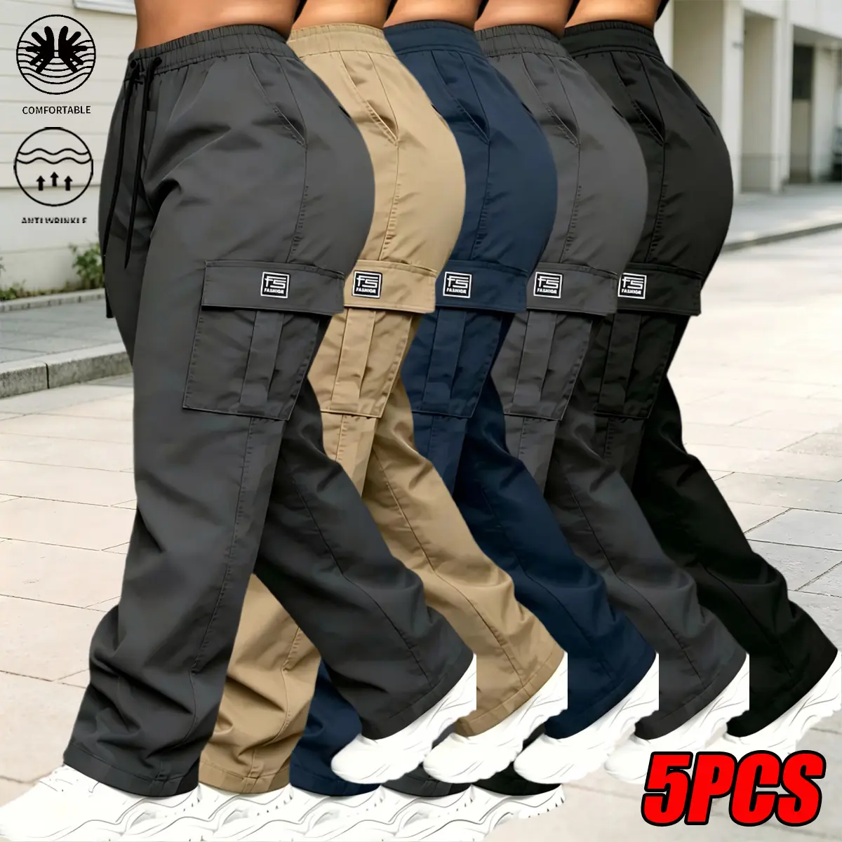Women’s 5-Pack Wide-Leg Cargo Pants (Multi Pack), Polyester Fabric Solid Colors Athletic Casual Street Bottoms with Elastic Waistband, Adjustable Drawstring, Logo Flap Pockets, Side Pockets, Quick-Dry, Stain-Resistant, Lightweight