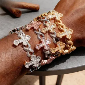 New Hip-Hop 8-Character Infinity Chain Ladder Square Cross Full Diamond Bracelet for Men, Versatile and High-End Zircon Jewelry
