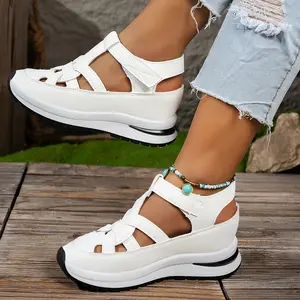 Women's White Thick-Soled Sandals Comfortable Wedge Shoes with Hook and Loop Straps Artificial Upper Rubber Sole for Enhanced Grip Easy Style Security Footwear Summer Girl Makapal Dance