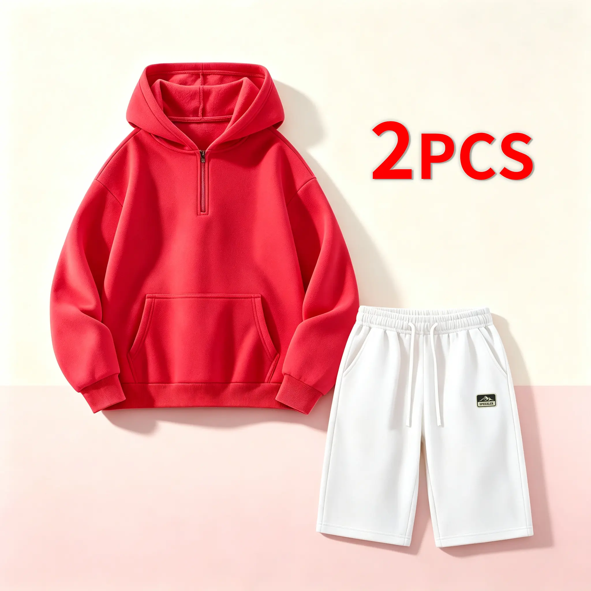 Young Men’s Casual 2-Piece Tracksuit, Half-Zip Hoodie + Elastic Waist Knee-Length Shorts, Street Style Matching Outfit for the Back-to-School Season