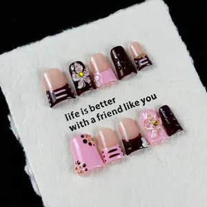 10pcs Retro luxury style, hand-painted zebra pattern, three-dimensional carving, tiny glittering gold beads handmade fake nails, Nail art stickers, Ideal for Mother's Day, family gatherings and trips