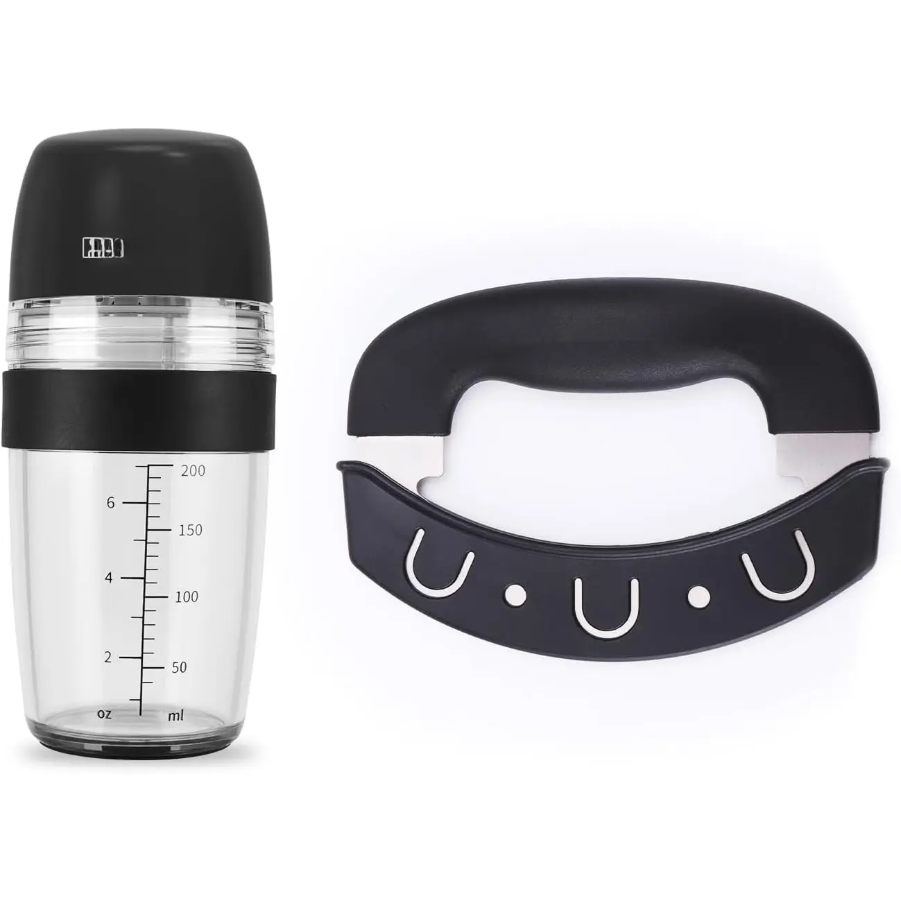 2 In 1 Kitchen Salad Tool Set - Leakproof Dressing Shaker Bottle (Shaker Shape for Mixing Sauces) & Detachable Mezzaluna with Advanced CNC Sharpening Technology