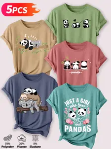 5Pcs Women's Crew Neck T-Shirt, Panda Koala Sloth Series Print, Multiple Colors Available, Machine Washable, Spring & Summer Tops, Soft Skin-Friendly Fabric, Daily Versatile, Fashion Design