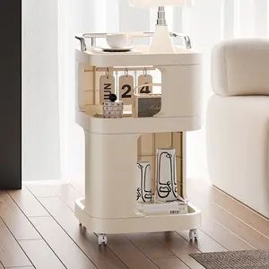 Cream Style 3-Tier Rolling Side Table, Modern Plastic Mobile Coffee Cart with Wheels, Multi-Functional Small End Table for Living Room, Sofa Side & Balcony