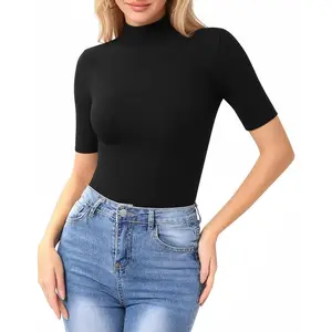 Women's Mock Turtle Neck Slim Fit Half Elbow Short 3/4 Sleeve T Shirt Black Basic Tee Summer Streetwear Minimalist Top