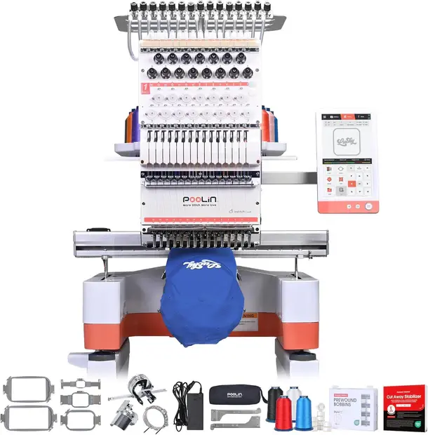 PooLin EOM 15-Needle Commercial Embroidery Machine,14.2X9.5'' Large Embroidery Area,1000SPM,9" Touch Screen USB & WiFi,Beginner Friendly Multi-Needle Embroidery Machine for 3D Cap,Hats,Bags