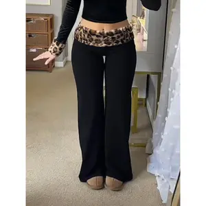 Women's Leopard Print Fleece Patchwork High Waist Skinny Pants, Comfortable Fashion Design for Fall & Winter Daily Wear