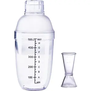Plastic Cocktail Shaker Bar Tool Set with Measuring Jigger Hand Drink Mixer Boba Tea Shaker Cup with Scales Transparent 500ML for Protein
