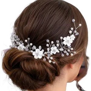 Flower Bride Wedding Hair Vine Pearl Bridal Headband Rhinestones Hair Breath Accessories for Women and Girls (A Silver)
