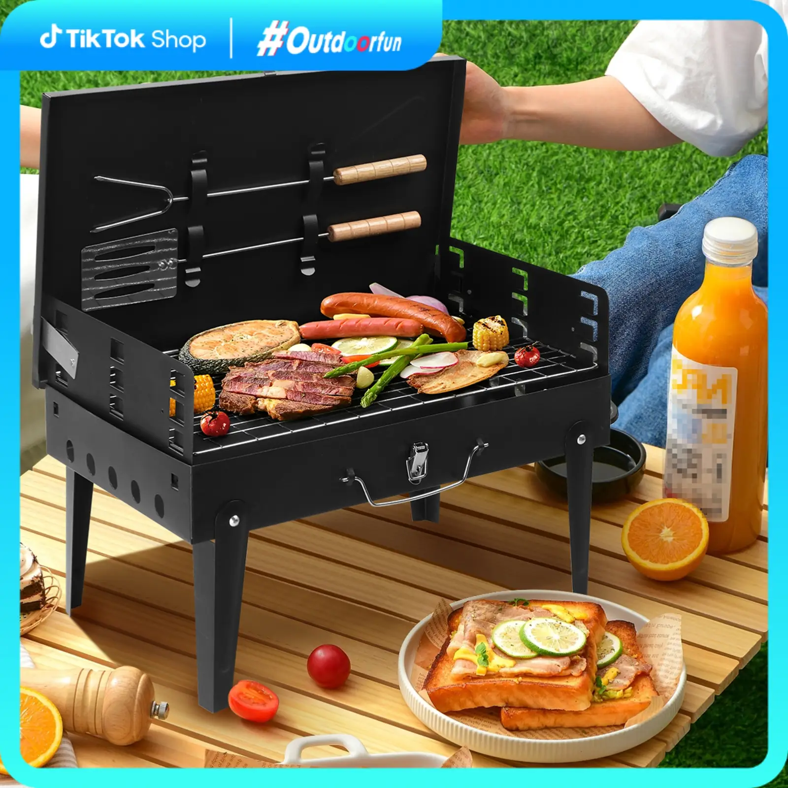 【Outdoorfun】Tiny Small Portable Charcoal Grill, 17x10x18 in. Outdoor Foldable BBQ Grill with Barbecue Accessories & Lid for Cooking Camping Picnic Hik