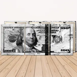 3 Counts Wooden Framed Canvas Painting, Cool Black And White Hundred Dollar Bill Art, Exquisite Poster Print, Canvas Prints, Perfect Living Room Decoration, Modern Art, Fashion Family Poster, Wall Art Decoration, Waterproof Art