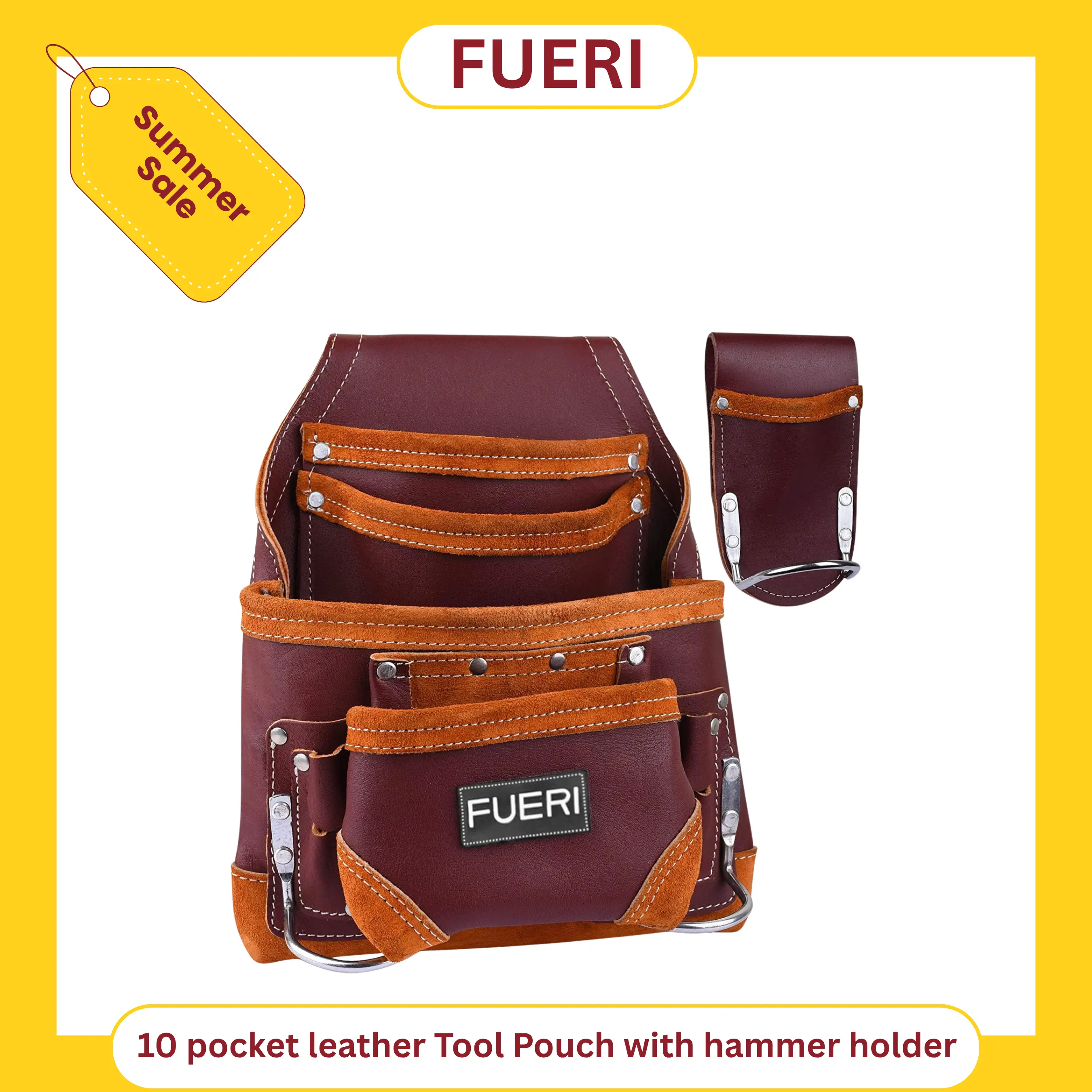 FUERI Professional 10 Pocket Leather Tool Pouch, Heavy-Duty Grain Leather Pouches with Hammer holder for electricians,Carpenters